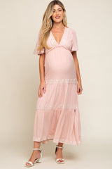 Light Pink Floral Embroidered Tiered Maternity Maxi Dress