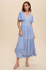 Dusty Blue Embroidered Flutter Sleeve Maxi