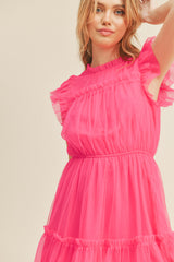 Electric Pink Mesh Ruffled Mini Dress