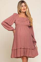 Dark Mauve Lace Embroidered Square Neck Maternity Dress