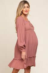 Dark Mauve Lace Embroidered Square Neck Maternity Dress