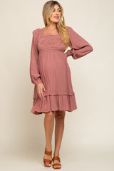 Dark Mauve Lace Embroidered Square Neck Maternity Dress