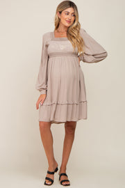 Taupe Lace Embroidered Square Neck Maternity Dress