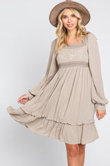 Taupe Lace Embroidered Square Neck Maternity Dress