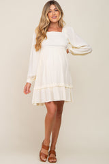 Cream Lace Embroidered Square Neck Maternity Dress