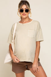 Beige Raw Hem Front Pocket Maternity T-Shirt