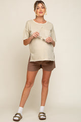 Beige Raw Hem Front Pocket Maternity T-Shirt