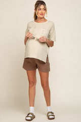 Beige Raw Hem Front Pocket Maternity T-Shirt