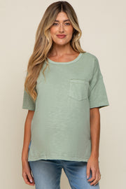 Light Olive Raw Hem Front Pocket Maternity T-Shirt