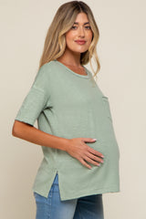 Light Olive Raw Hem Front Pocket Maternity T-Shirt