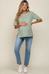 Light Olive Raw Hem Front Pocket Maternity T-Shirt