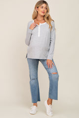 Grey Striped Button Front Long Sleeve Maternity Top