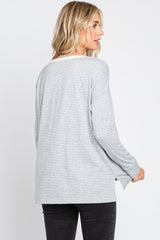 Grey Striped Button Front Long Sleeve Top