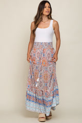 Blue Printed Smocked Waist Maternity Maxi Skirt