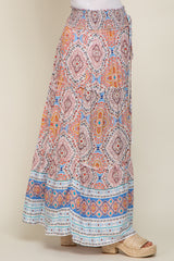 Blue Printed Smocked Waist Maternity Maxi Skirt