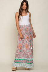 Green Printed Smocked Waist Maternity Maxi Skirt