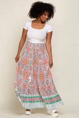 Green Printed Smocked Waist Maxi Skirt