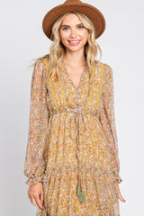 Dark Yellow Floral Ruffle Accent Tiered Midi Dress