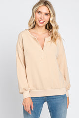 Beige Split V-Neck Long Sleeve Maternity Sweatshirt