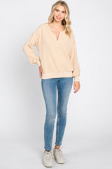 Beige Split V-Neck Long Sleeve Sweatshirt