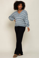 Light Blue Striped V-Neck Collared Sweater