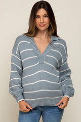 Light Blue Striped V-Neck Collared Maternity Sweater