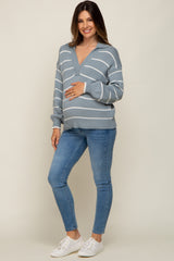 Light Blue Striped V-Neck Collared Maternity Sweater