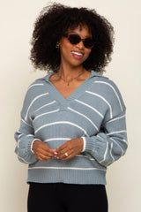 Light Blue Striped V-Neck Collared Maternity Sweater