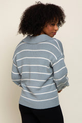 Light Blue Striped V-Neck Collared Sweater