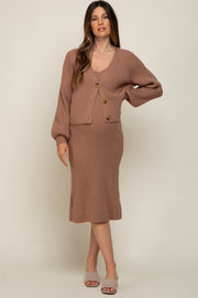 Taupe Ribbed Midi Dress and Cardigan Maternity Set