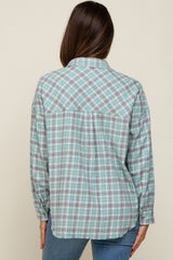 Mint Green Plaid Button Up Raw Edge Maternity Flannel Top