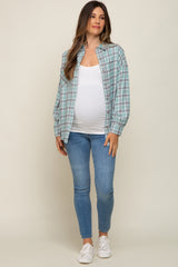 Mint Green Plaid Button Up Raw Edge Maternity Flannel Top