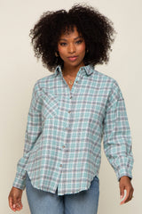 Mint Green Plaid Button Up Raw Edge Flannel Top