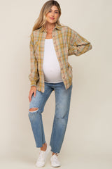 Gold Plaid Button Up Raw Edge Maternity Flannel Top