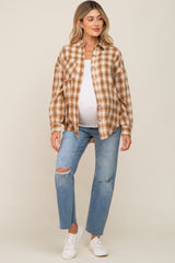 Mocha Plaid Button Up Raw Edge Maternity Flannel Top