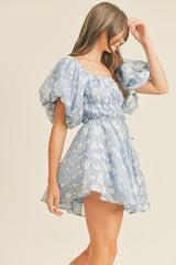 French Blue Floral Bubble Sleeve Flared Mini Dress