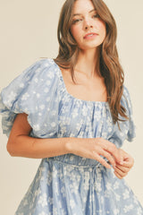 French Blue Floral Bubble Sleeve Flared Mini Dress