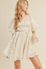 Ivory Floral Bubble Sleeve Flared Mini Dress