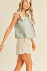 Blue Floral Button Down Tie Strap Tank