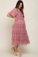 Mauve Dot Smocked Ruffle Tiered Maternity Midi Dress