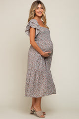 Light Blue Floral Flutter Maternity Midi Dress