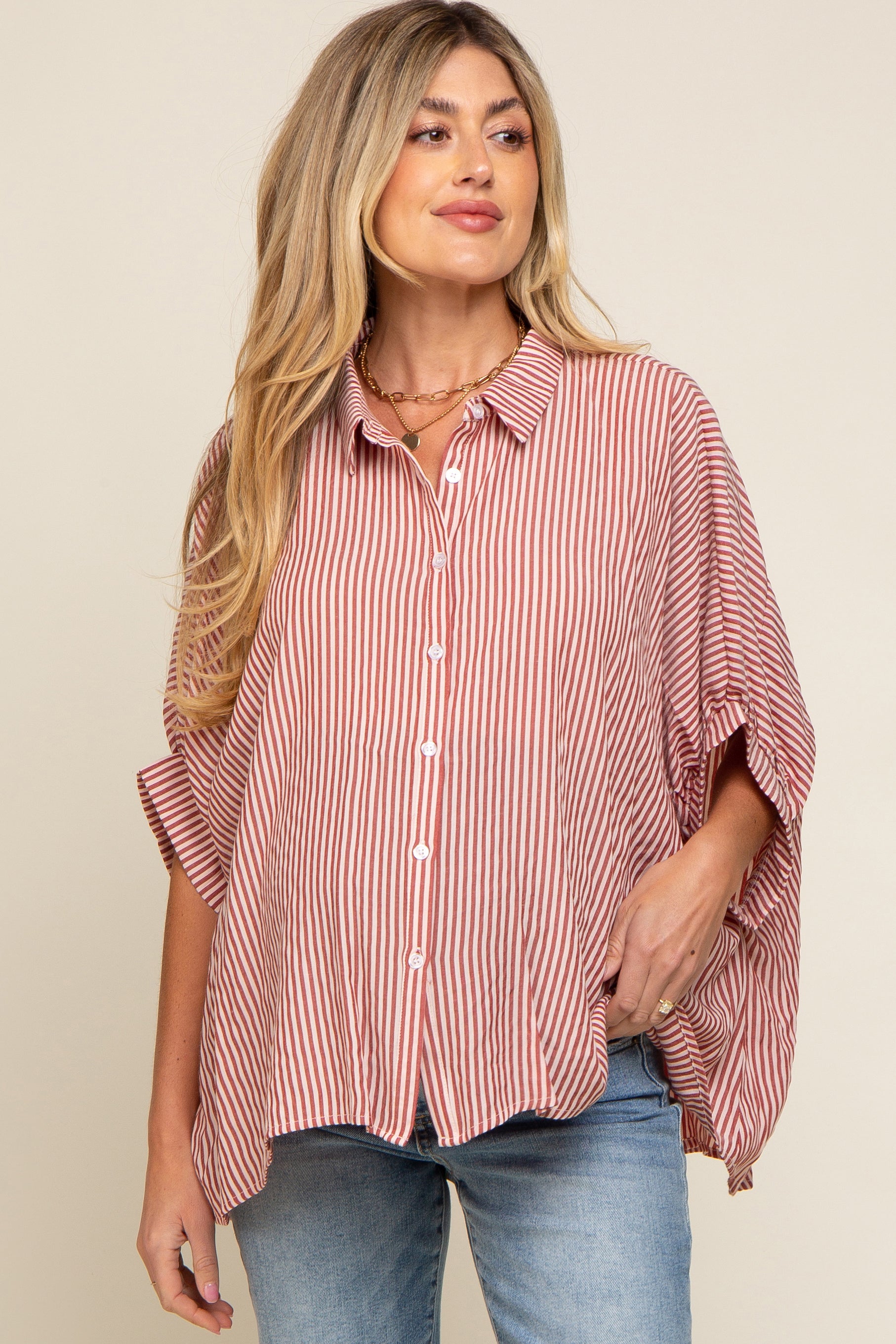 Red Striped Dolman Button Down Maternity Top– PinkBlush