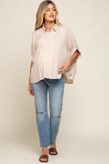 Beige Striped Dolman Button Down Maternity Top