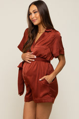 Rust Satin Button Down Maternity Romper