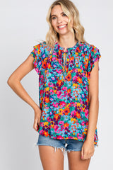 Fuchsia Multi-Color Floral Ruffle Front Tie Top