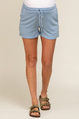 Light Blue Drawstring Terry Cloth Maternity Shorts