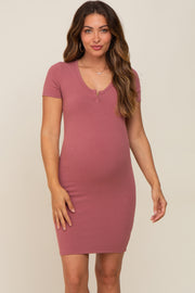 Mauve Split Neck Ribbed Fitted Maternity Dress