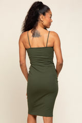 Olive V-Neck Fitted Sleeveless Dress