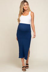 Navy Blue Ribbed Side Slit Sweater Maternity Midi Skirt