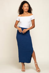 Navy Blue Ribbed Side Slit Sweater Midi Skirt